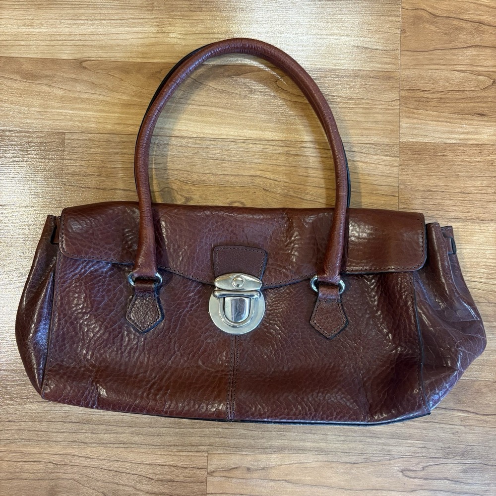 Wilsons Leather Handbag Cognac Brown Italian Leather, Baguette Style Vintage 90s